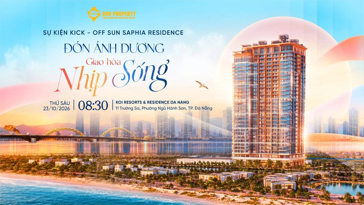 Phối cảnh Sun Saphia Residence bên biển Đà Nẵng, cầu Rồng phía xa