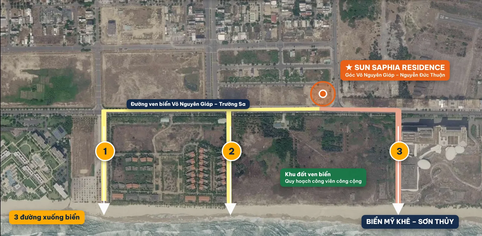 Ảnh vệ tinh khu Saphia: Sun Saphia Residence bên đường ven biển Võ Nguyên Giáp – Trường Sa, phía trước có 3 đường xuống biển Mỹ Khê – Sơn Thủy