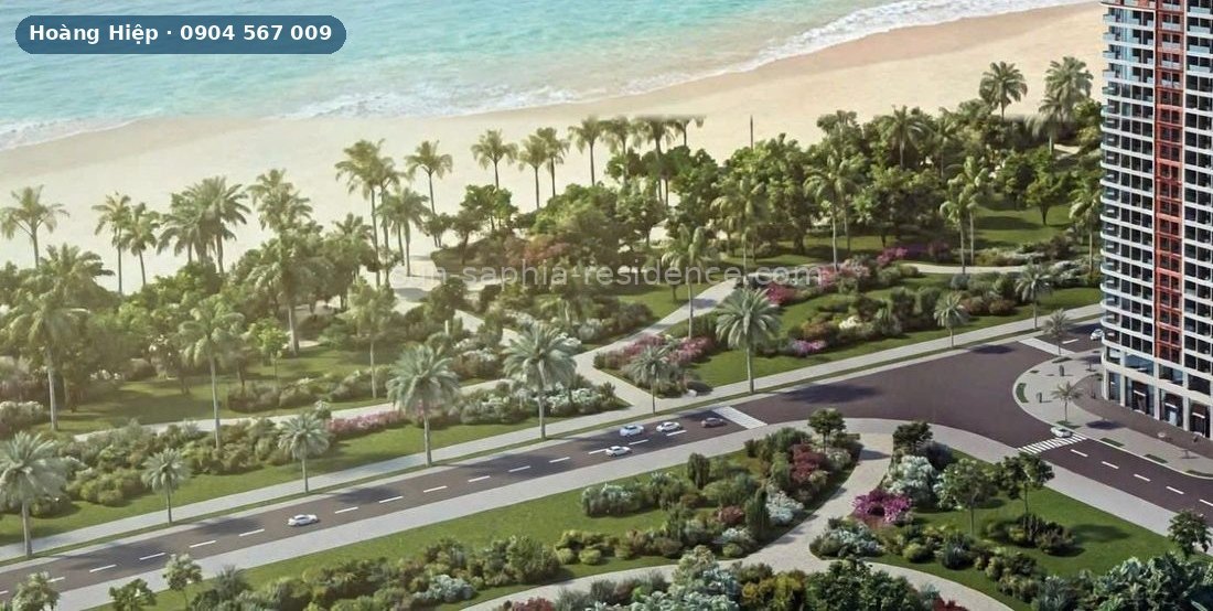 Phối cảnh bãi biển và công viên ven biển trước Sun Saphia Residence
