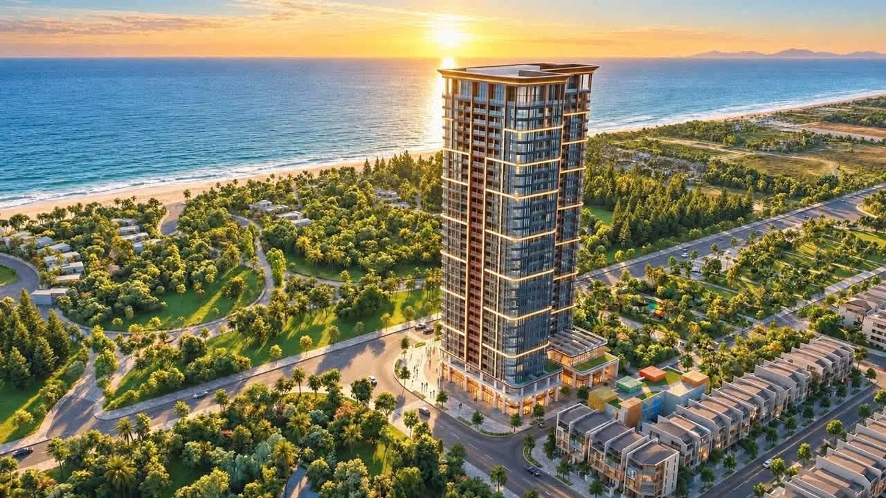 Phối cảnh Sun Saphia Residence – tòa tháp 30 tầng bên biển Mỹ Khê – Sơn Thủy, Đà Nẵng lúc hoàng hôn