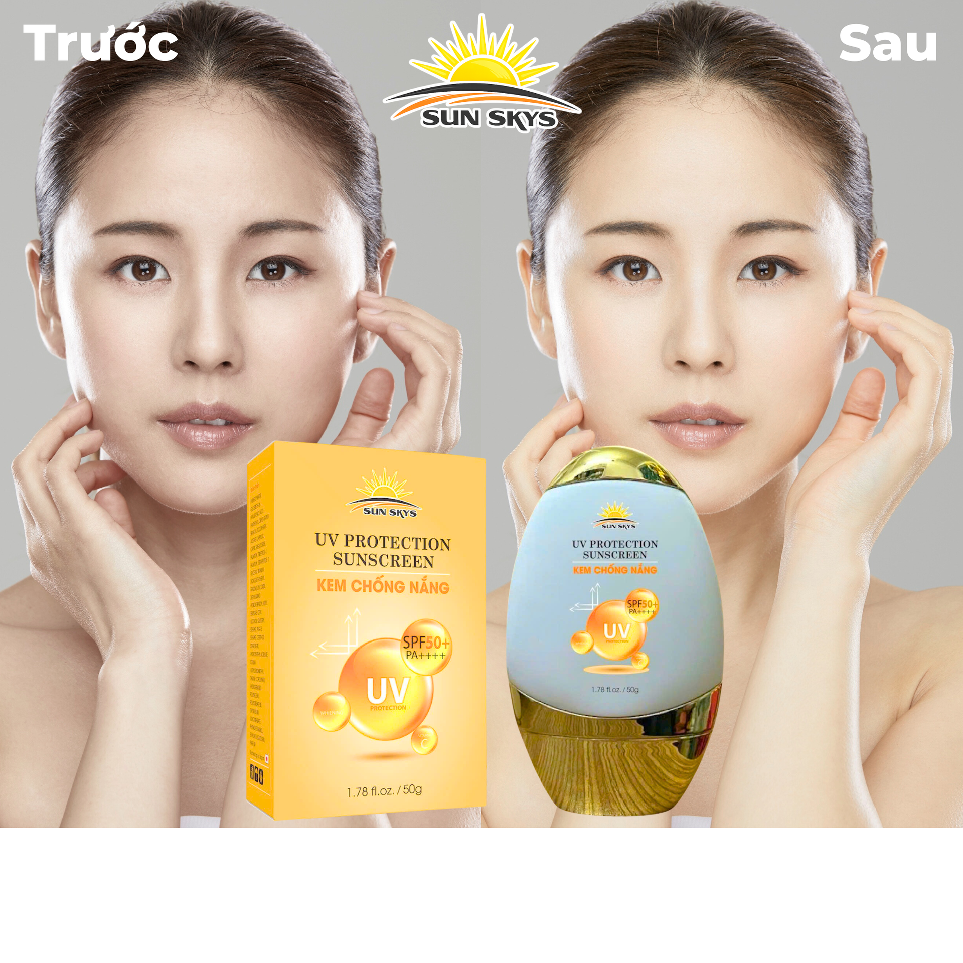 Trước và sau khi dùng kem chống nắng Sunskys – da sáng đều màu