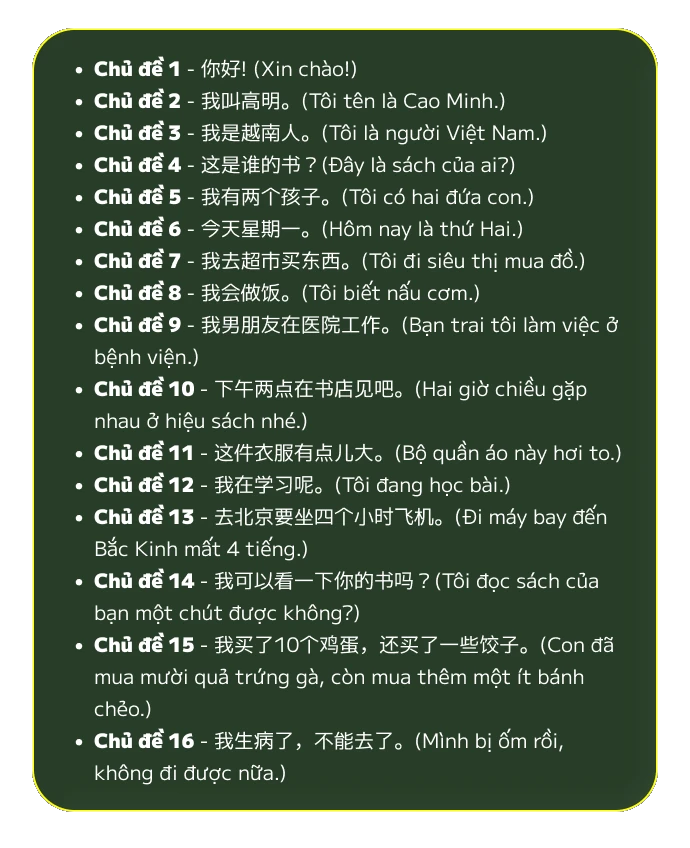 Danh sách chủ đề Giai đoạn HSK 1