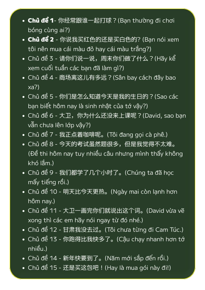 Danh sách chủ đề Giai đoạn HSK 2