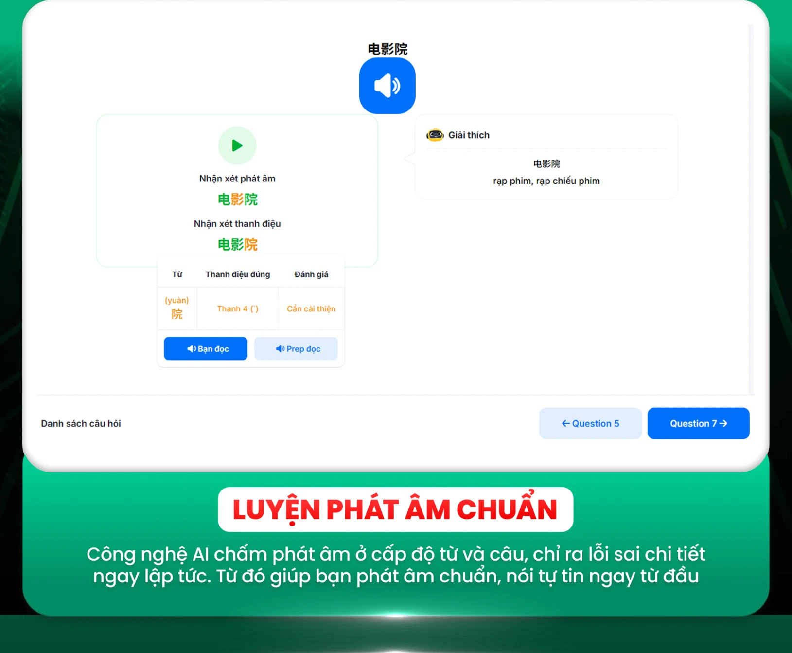 LUYỆN PHÁT ÂM CHUẨN — Công nghệ AI chấm phát âm ở cấp độ từ và câu, chỉ ra lỗi sai chi tiết ngay lập tức