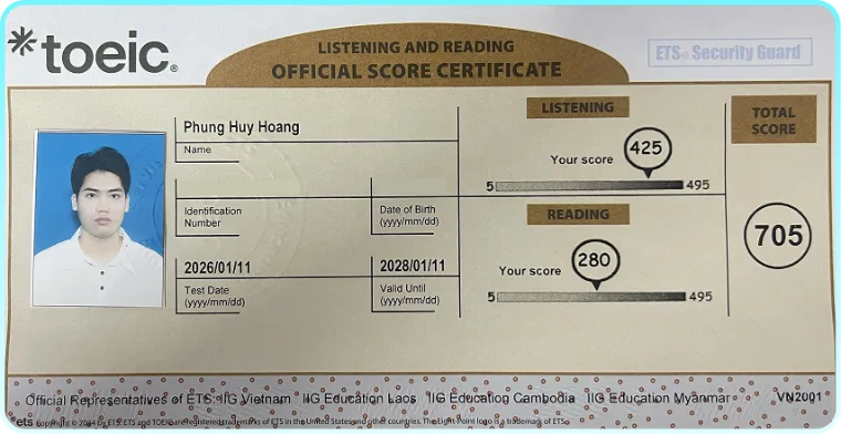 Bảng điểm TOEIC của Phùng Huy Hoàng