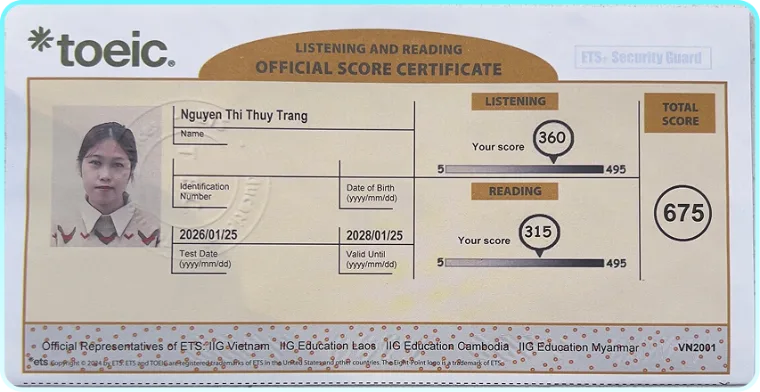 Bảng điểm TOEIC của Nguyễn Thị Thuỳ Trang