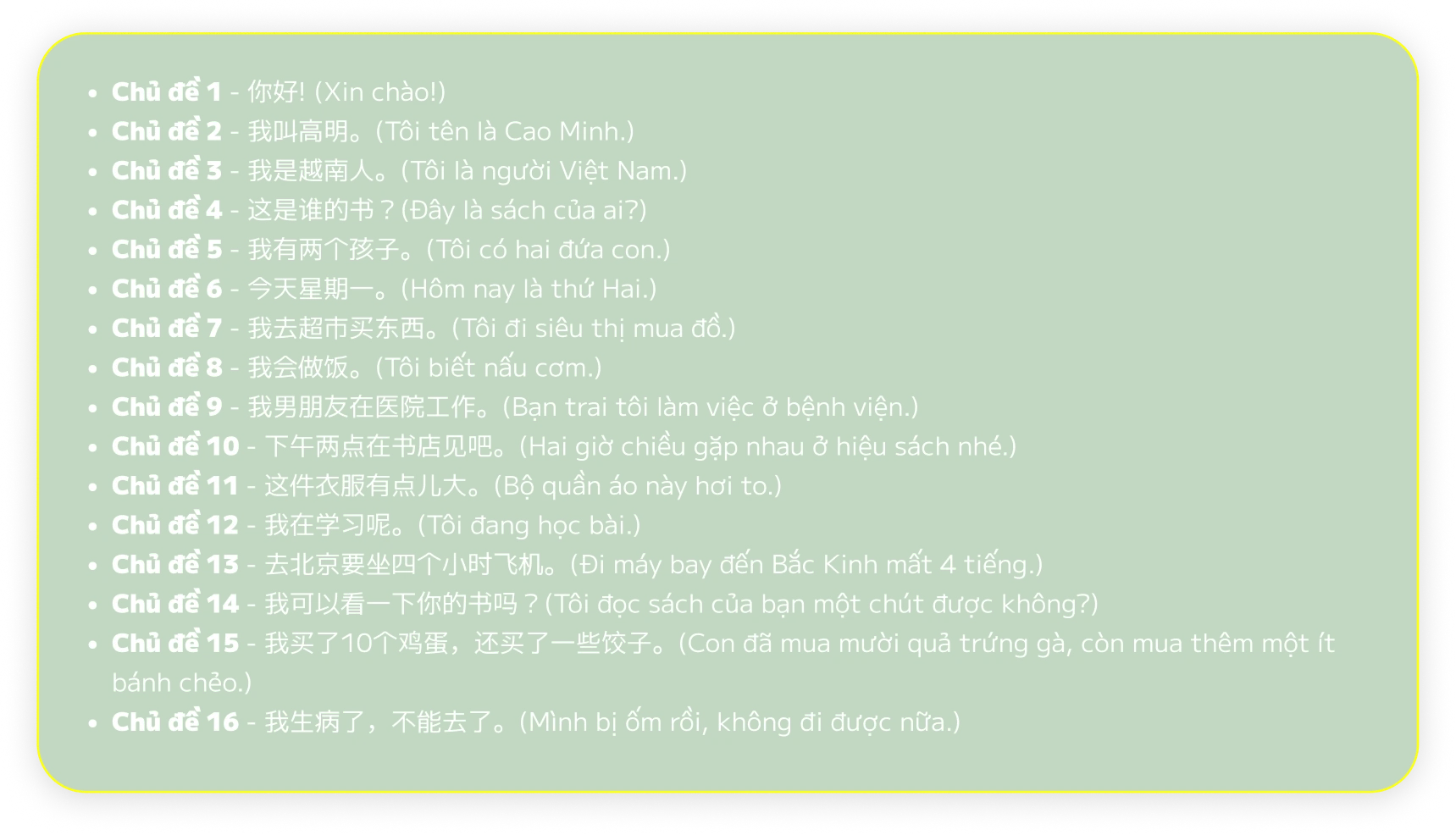 Danh sách chủ đề Giai đoạn HSK 1