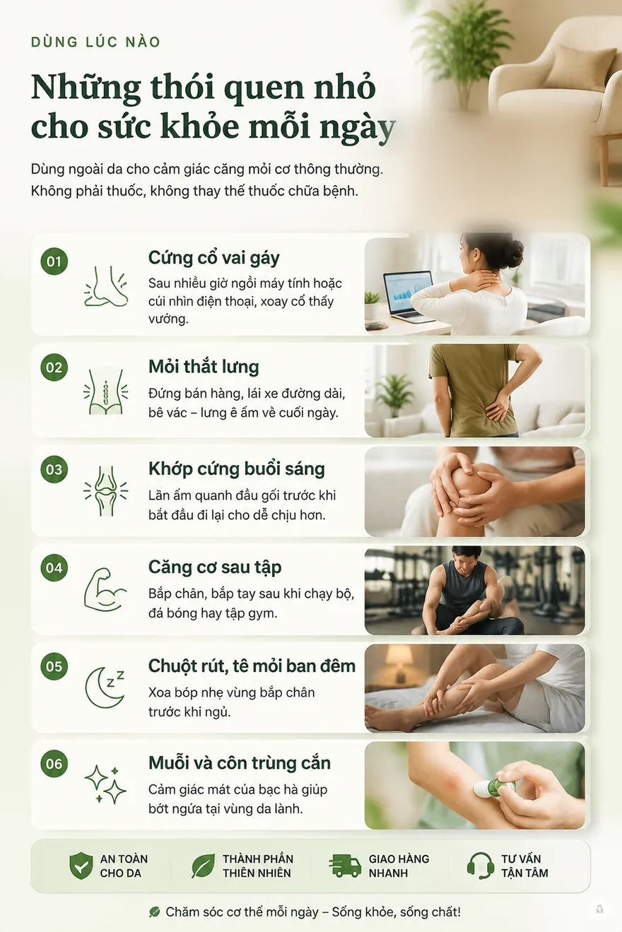Sáu tình huống nên dùng dầu lăn thảo dược: cứng cổ vai gáy sau khi ngồi máy tính, mỏi thắt lưng khi đứng bán hàng hoặc lái xe đường dài, khớp cứng buổi sáng, căng cơ sau khi tập, chuột rút và tê mỏi ban đêm, ngứa do muỗi và côn trùng cắn.