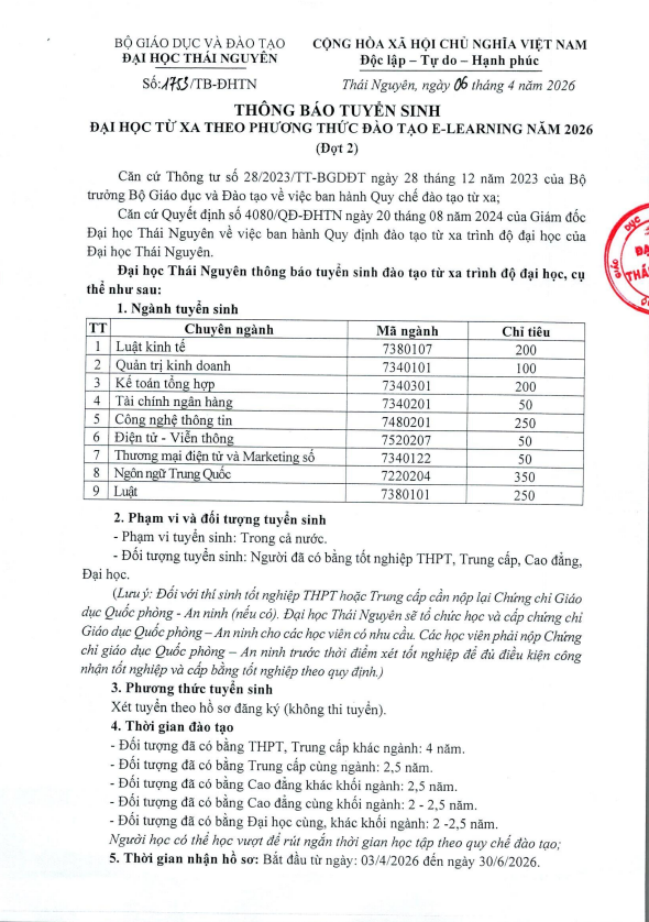 Thông báo tuyển sinh Đại học từ xa theo phương thức E-Learning Đại học Thái Nguyên