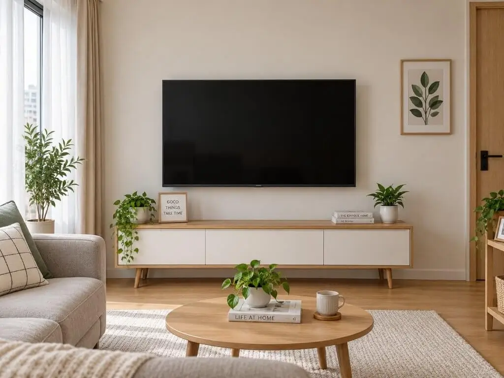 Phòng khách khi TV tắt màn hình đen sì đơn điệu