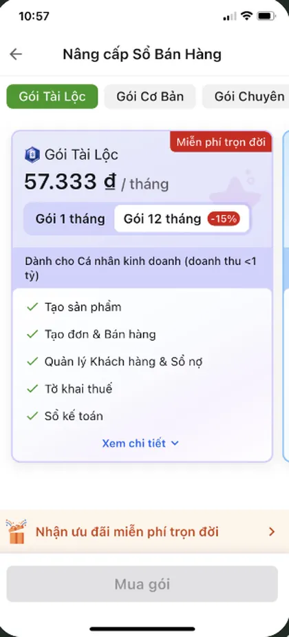 Màn hình Nâng cấp Sổ Bán Hàng, chọn Gói Tài Lộc
