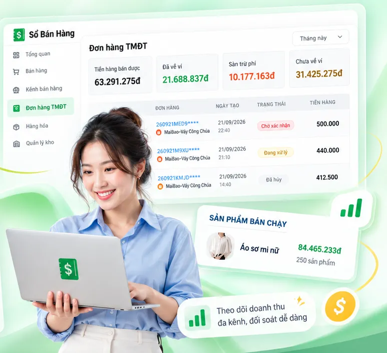 Theo dõi đơn hàng và tiền sàn đa kênh trên Sổ Bán Hàng Ecom