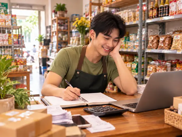 Chủ cửa hàng ghi chép thu chi tại quầy