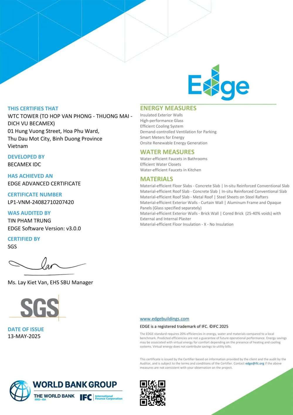 Trang 2 chứng nhận EDGE Advanced của WTC Tower: các hạng mục năng lượng, nước, vật liệu