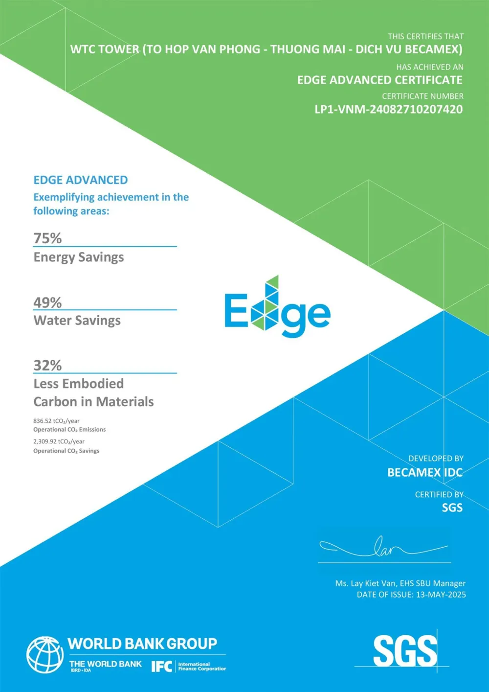 Trang 1 chứng nhận EDGE Advanced của WTC Tower: tiết kiệm 75% năng lượng, 49% nước, 32% carbon trong vật liệu