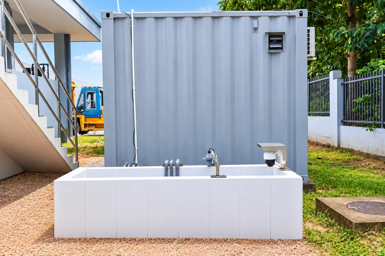 Nhà trạm quan trắc dạng container cạnh mương quan trắc nước thải, có cảm biến lắp phía trên mương và camera giám sát