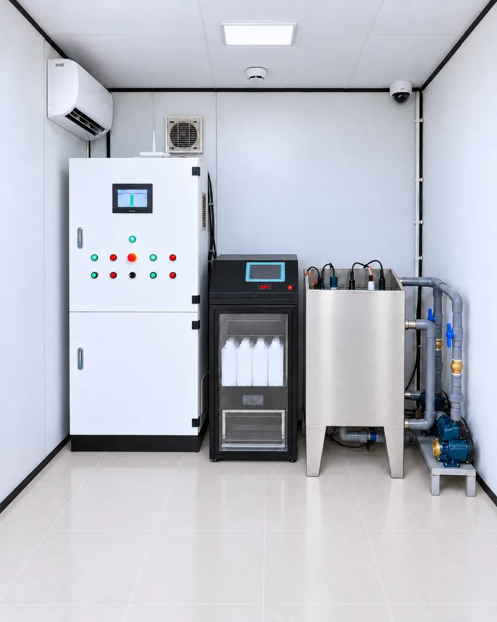 Bên trong nhà trạm: tủ điều khiển có màn hình HMI, thiết bị lấy mẫu nước tự động, bồn chứa mẫu gắn các đầu đo và hệ bơm