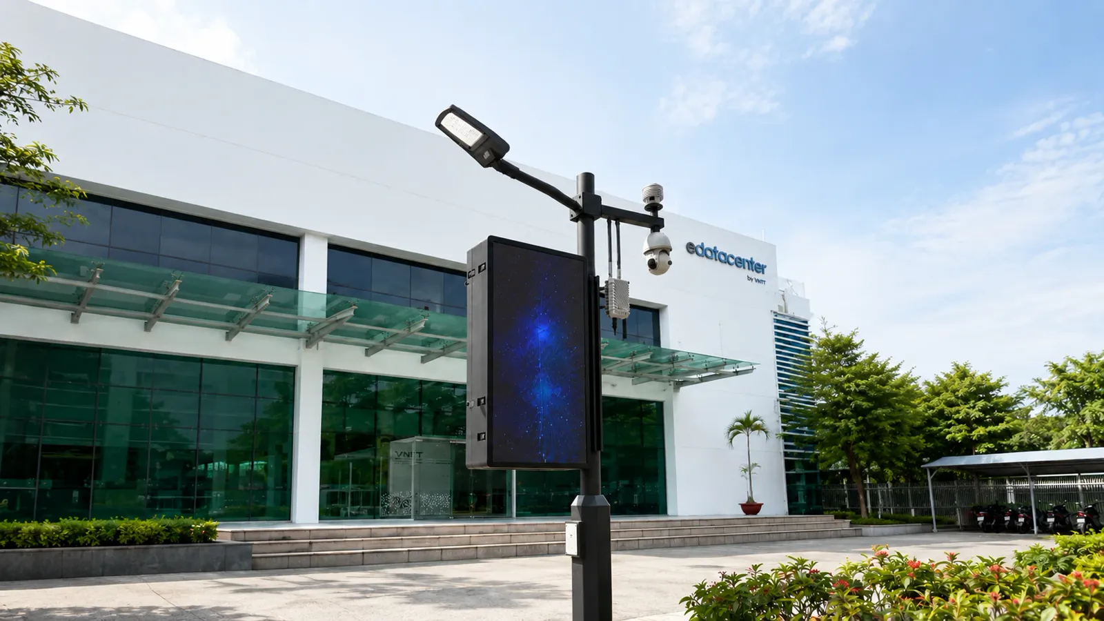 Trụ Smart Pole trước tòa nhà eDataCenter by VNTT: đèn chiếu sáng, trạm quan trắc môi trường, camera, bộ kết nối, màn hình LED và nút khẩn cấp trên cùng một thân trụ