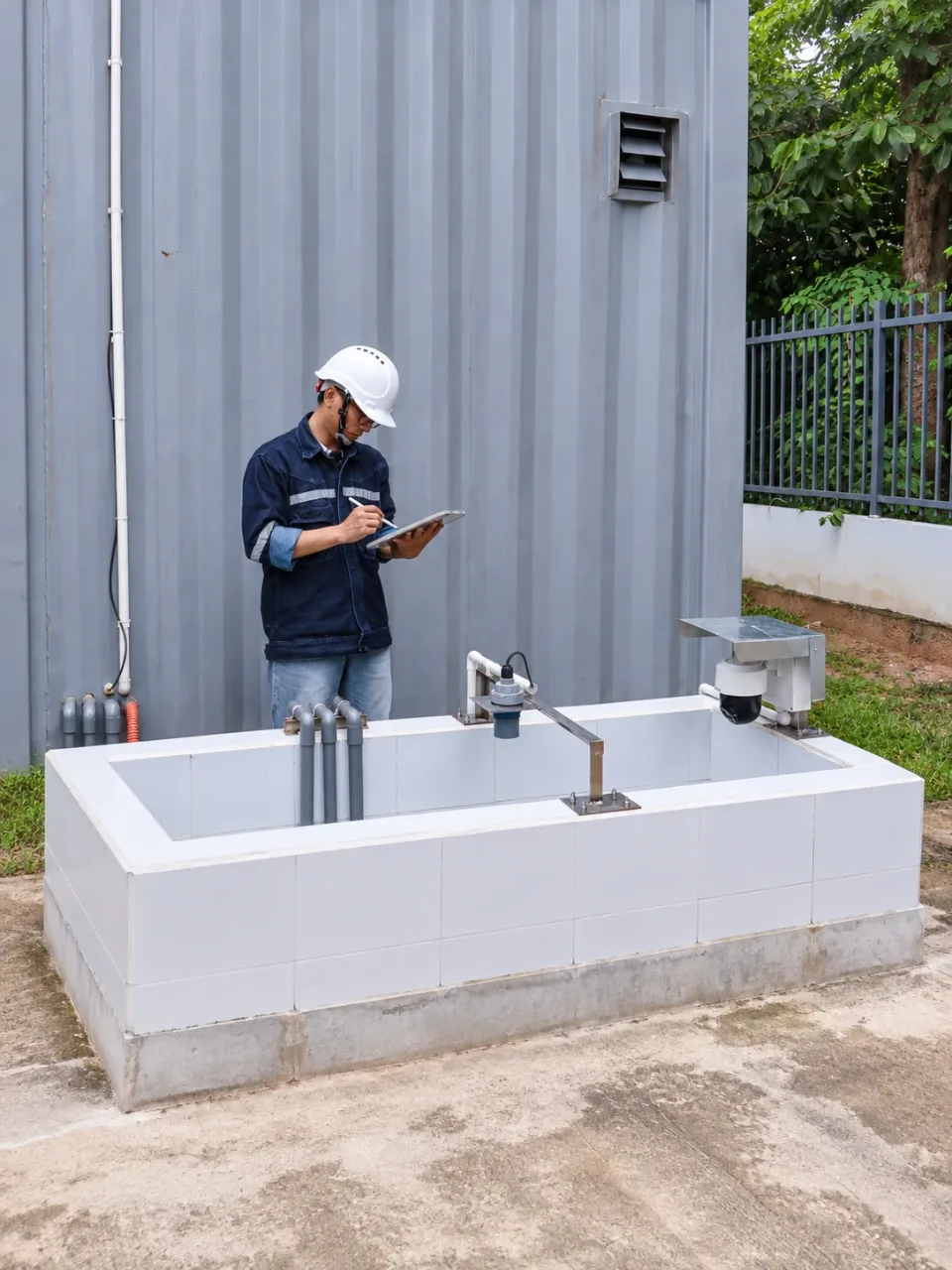Kỹ sư đội mũ bảo hộ kiểm tra thiết bị và dữ liệu trên máy tính bảng cạnh mương quan trắc