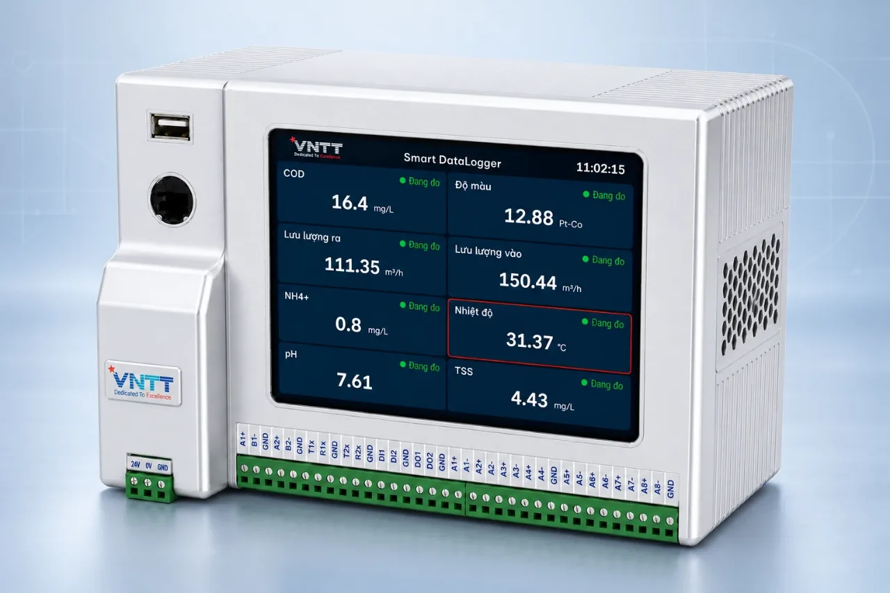 Thiết bị Smart Datalogger hiển thị COD, độ màu, lưu lượng, NH4+, nhiệt độ, pH và TSS