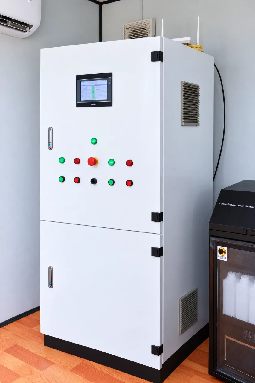 Tủ điều khiển trạm có màn hình HMI và các nút vận hành, đặt cạnh thiết bị lấy mẫu nước tự động