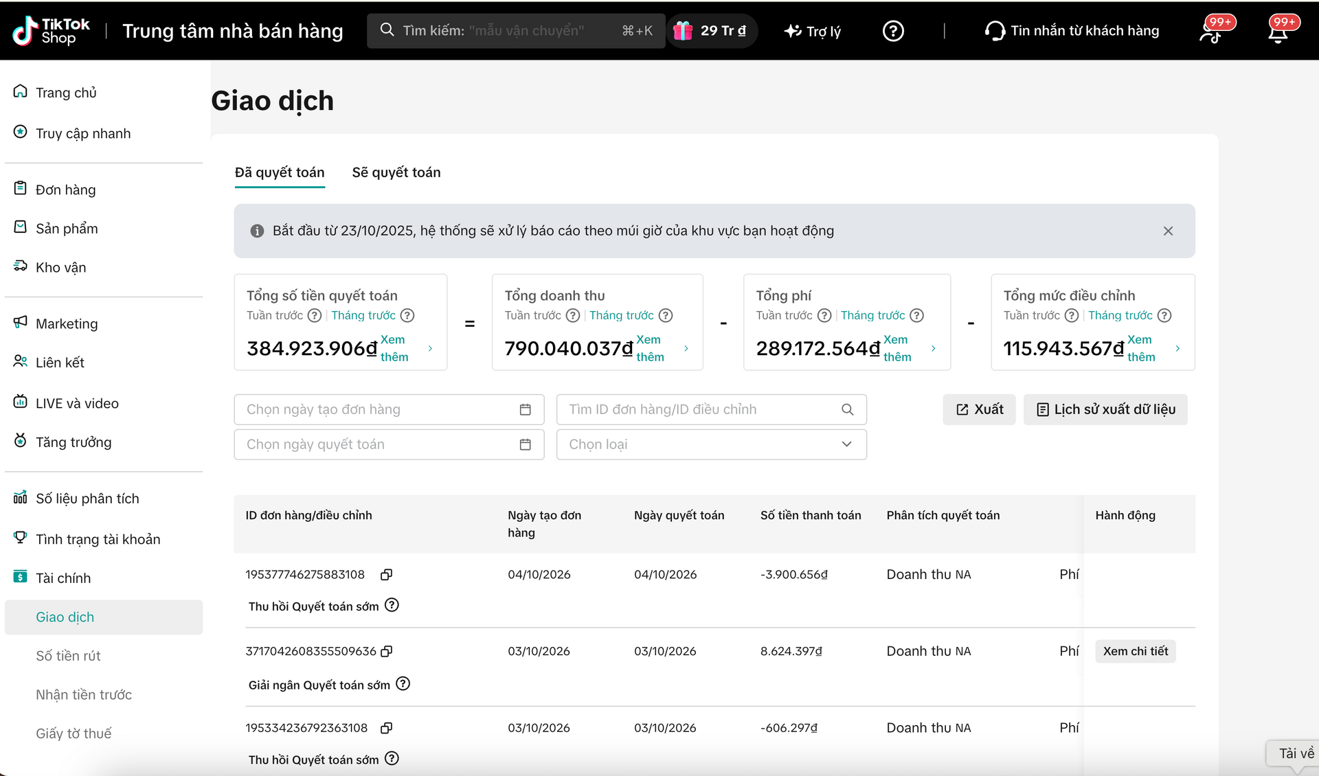 Giao diện giao dịch TikTok Shop Seller Center