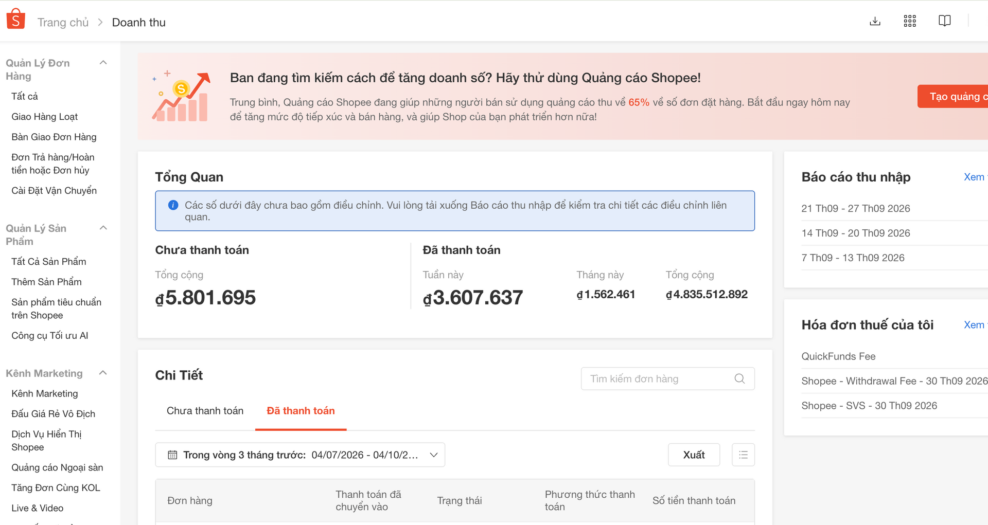 Giao diện doanh thu Shopee Seller Center