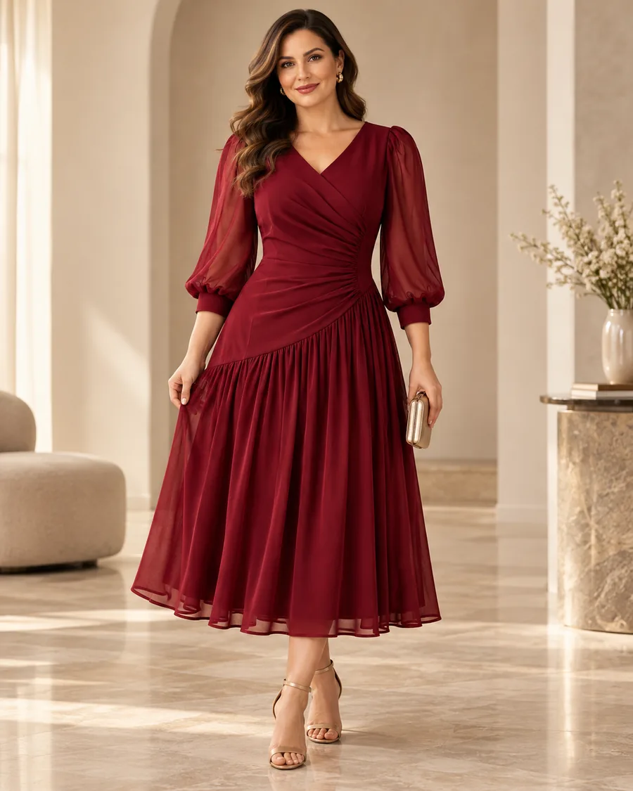 Rochie D28 Bordo pe model, vedere completă