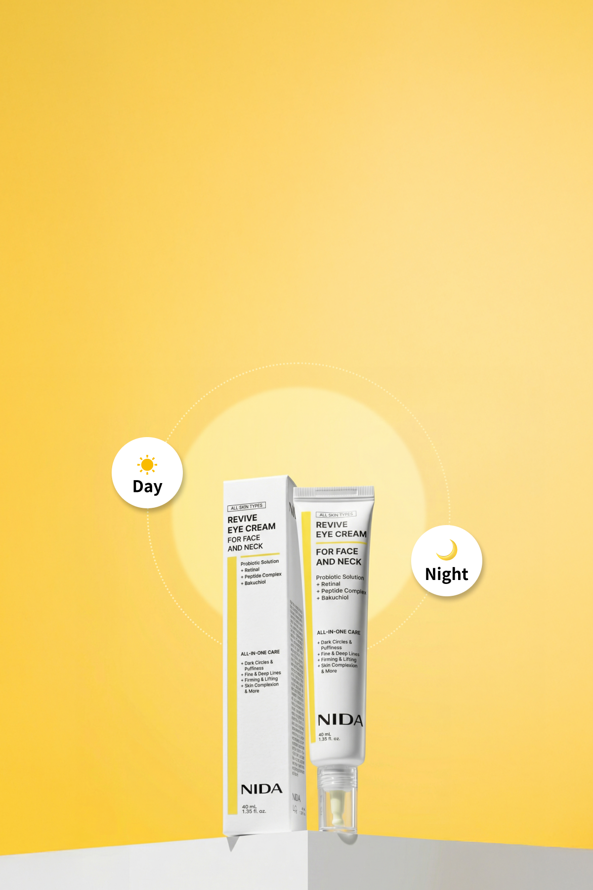 NIDA eye cream packaging with day and night symbols