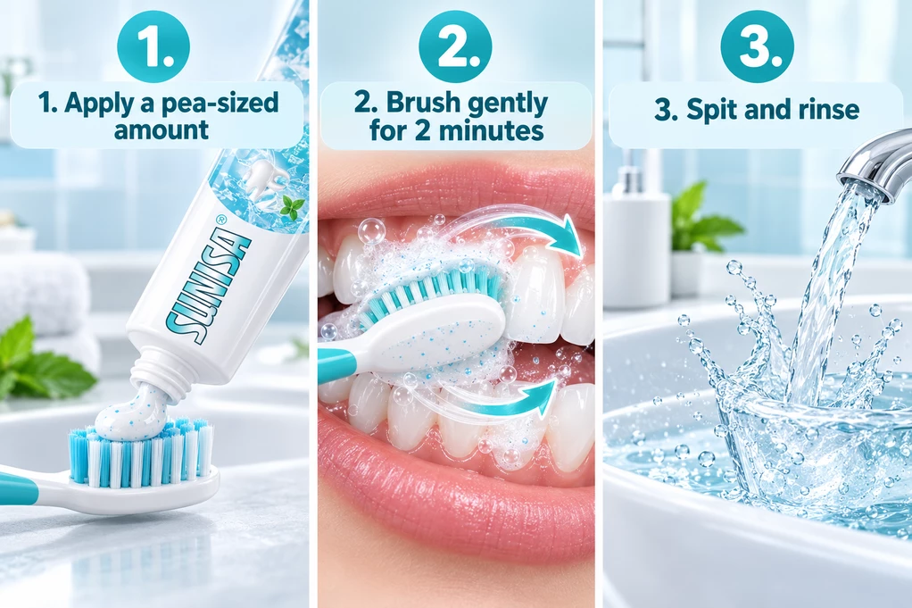 1. Apply a pea-sized amount. 2. Brush gently for 2 minutes. 3. Spit and rinse.