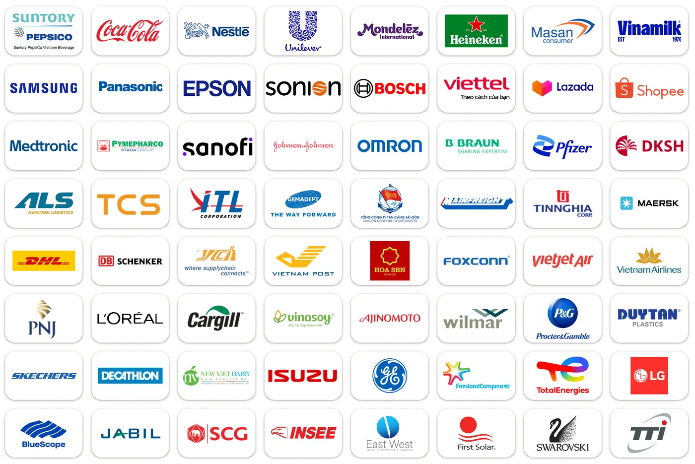 Logo doanh nghiệp có học viên theo học tại VILAS: Suntory PepsiCo, Coca-Cola, Nestlé, Unilever, Mondelez, Heineken, Masan, Vinamilk, Samsung, Panasonic, Bosch, Viettel, Lazada, Shopee, Sanofi, Johnson & Johnson, Pfizer, DKSH, DHL, DB Schenker, Maersk, Vietjet Air, Vietnam Airlines, P&G, L’Oréal, Cargill, LG và nhiều doanh nghiệp khác