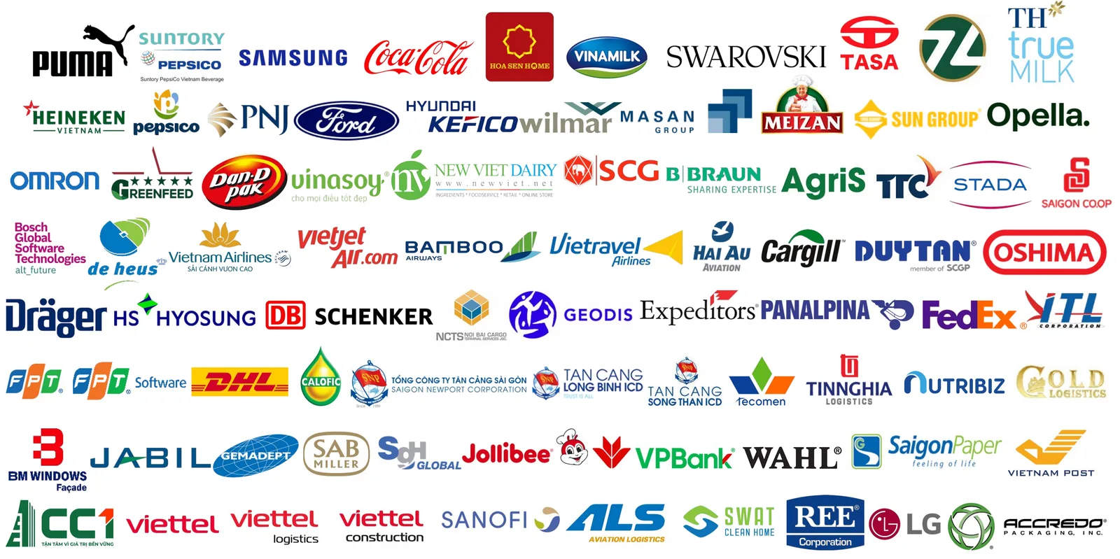 Logo các doanh nghiệp VILAS đã đồng hành: Suntory PepsiCo, Coca-Cola, Samsung, Vinamilk, Heineken, Masan, Ford, Hyundai Kefico, Wilmar, Bosch, Vietnam Airlines, Vietjet Air, Bamboo Airways, Cargill, DB Schenker, Geodis, Expeditors, FedEx, DHL, Tân Cảng Sài Gòn, FPT, Viettel, Sanofi, LG và nhiều doanh nghiệp khác
