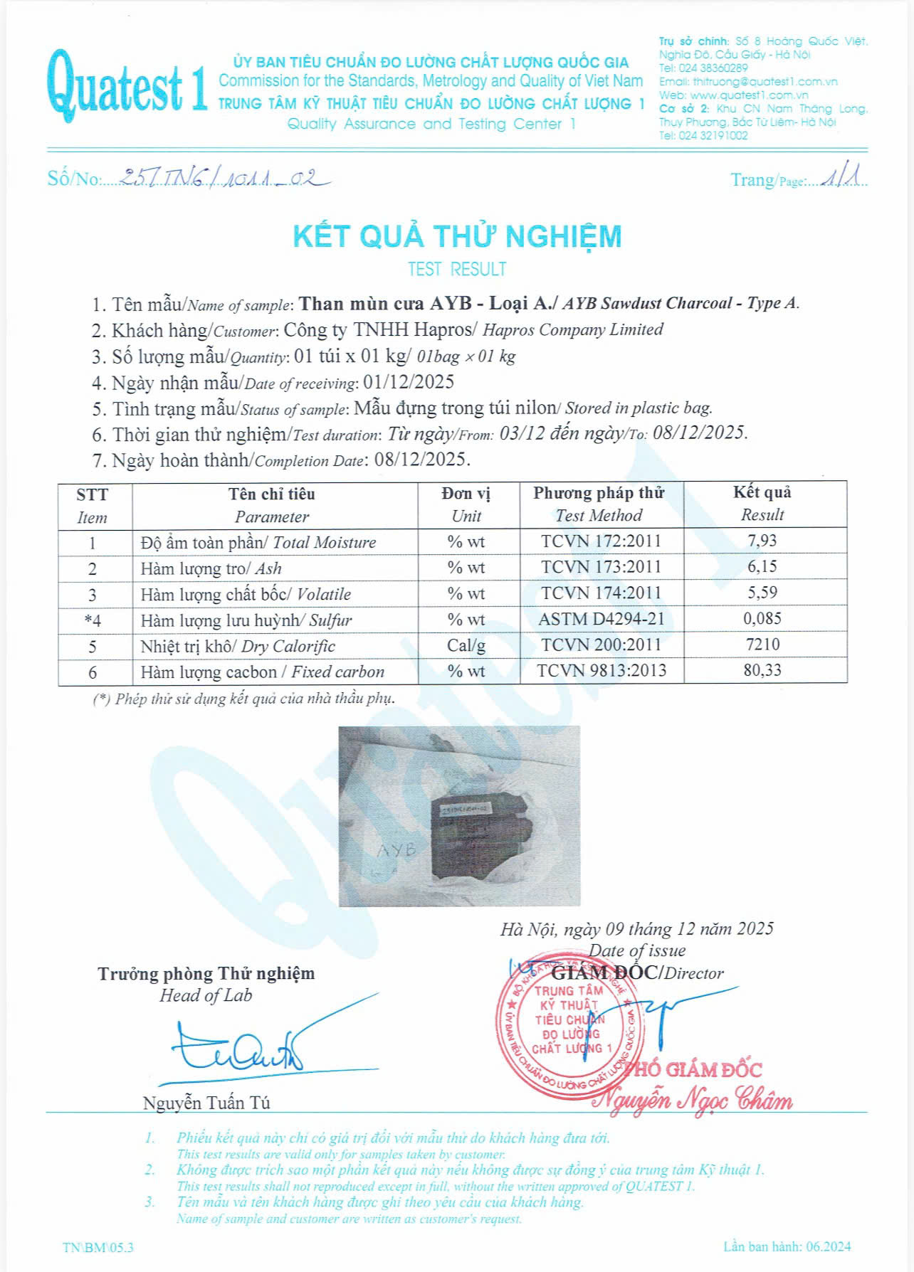 lab test result for acacia sawdust charcoal