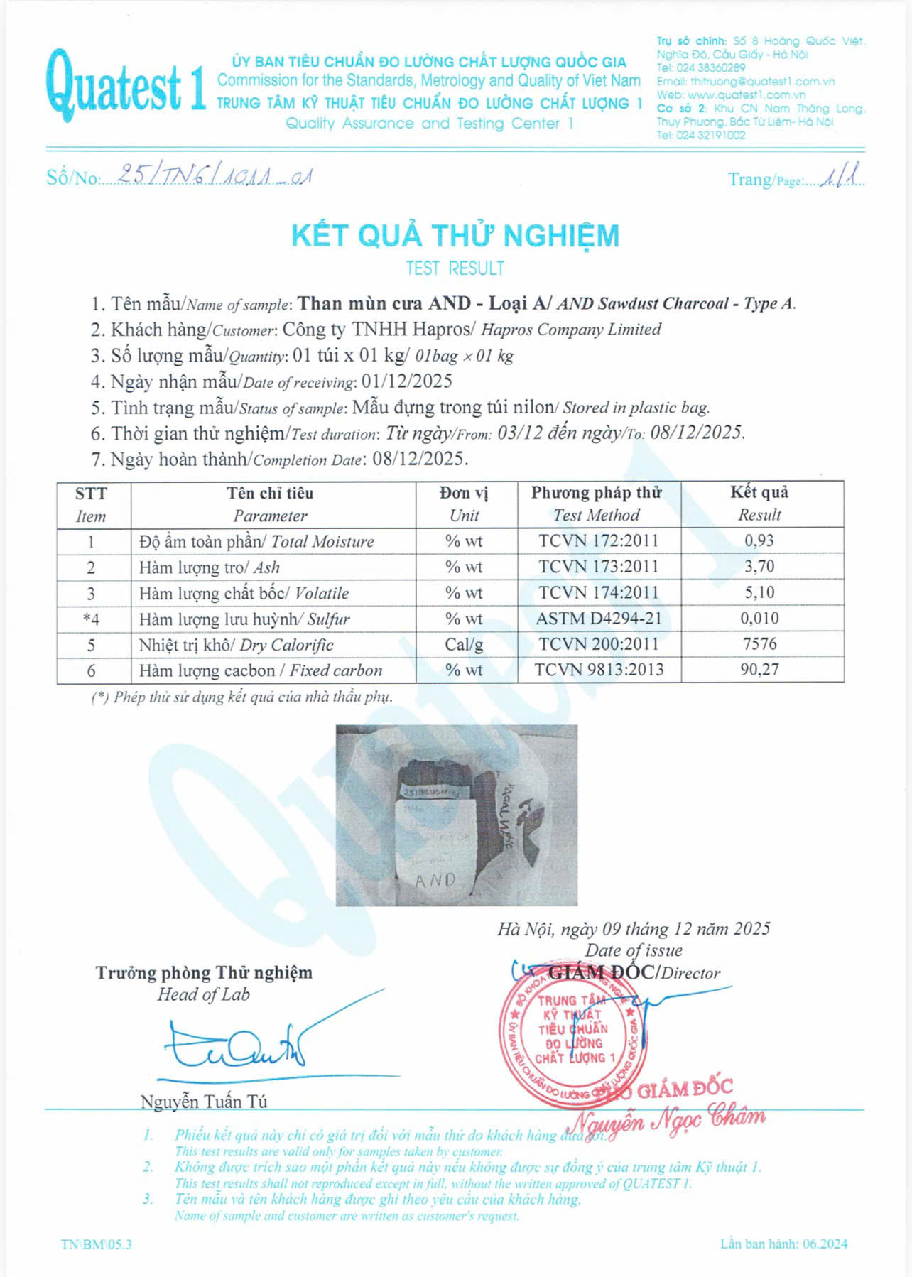 Sawdust Charcoal Test Report - Hapros Co., Ltd.