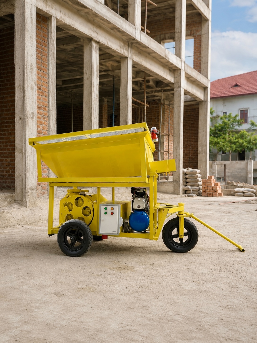 Máy phun vữa SOTHADO 11 và máng chứa tại công trường