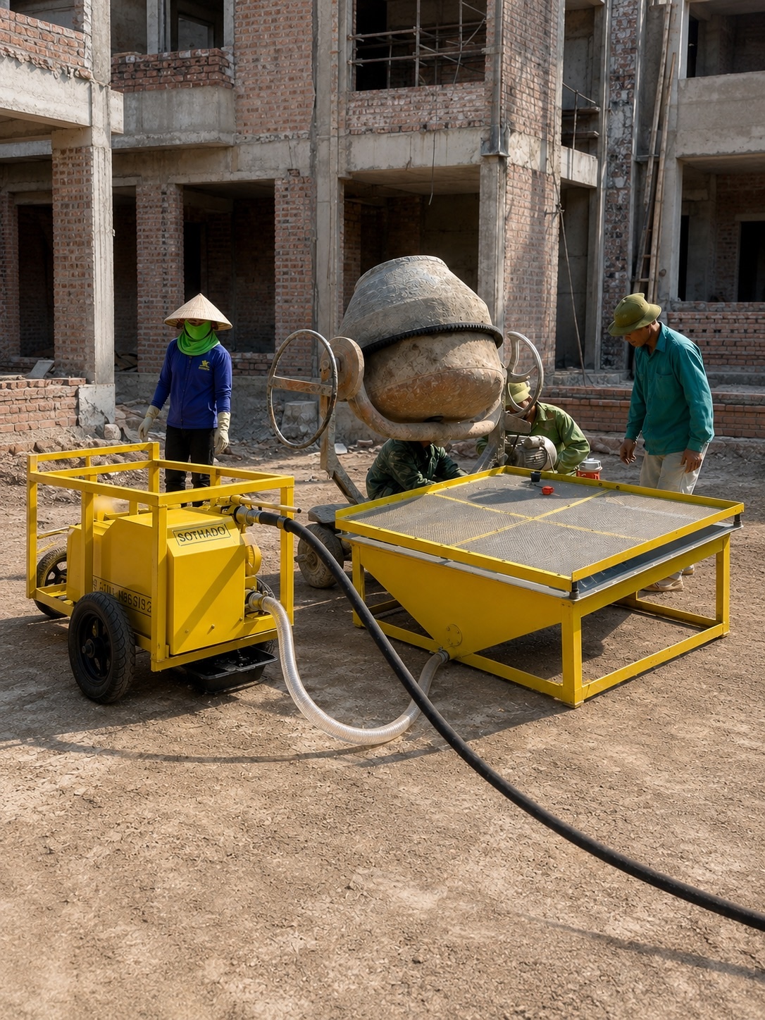 Máy phun vữa SOTHADO 11 với máng đặt tách rời tại công trường