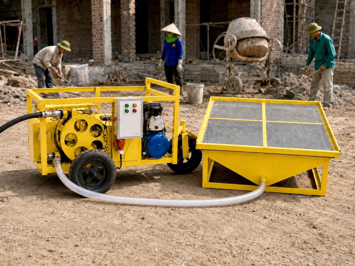 Máy phun vữa SOTHADO khi máng được hạ xuống tại công trường
