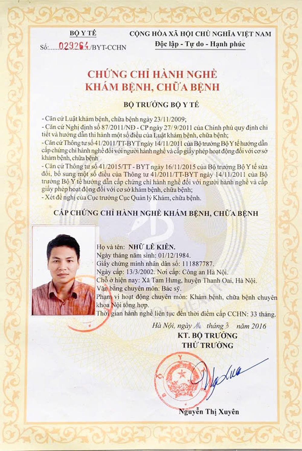 Chứng chỉ hành nghề khám bệnh, chữa bệnh — Nhữ Lê Kiên