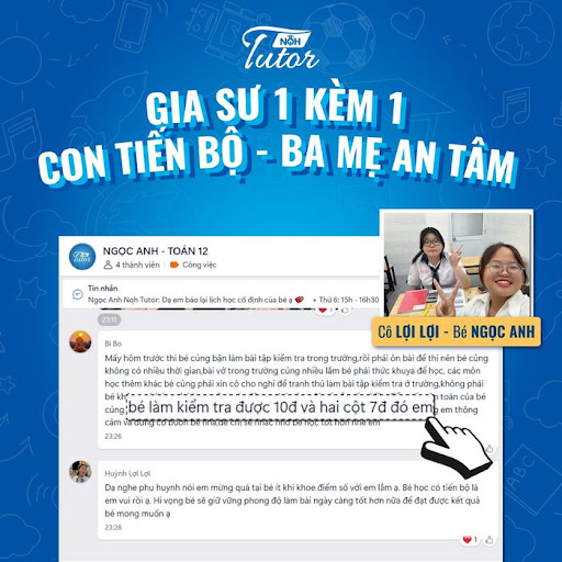 Tin nhắn phản hồi từ phụ huynh bé Ngọc Anh tiến bộ môn Toán