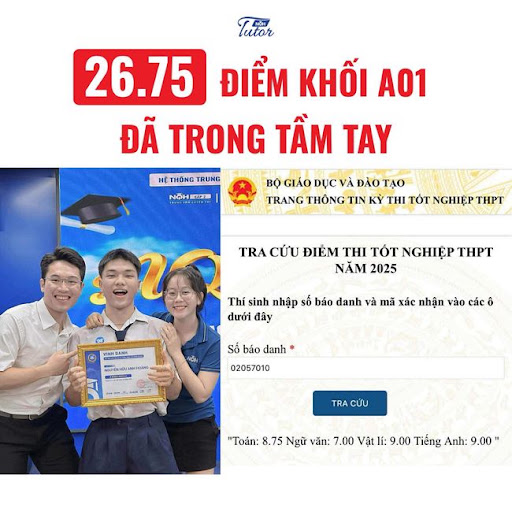Thành tích học sinh NQH Khối A01 đạt 26.75 điểm