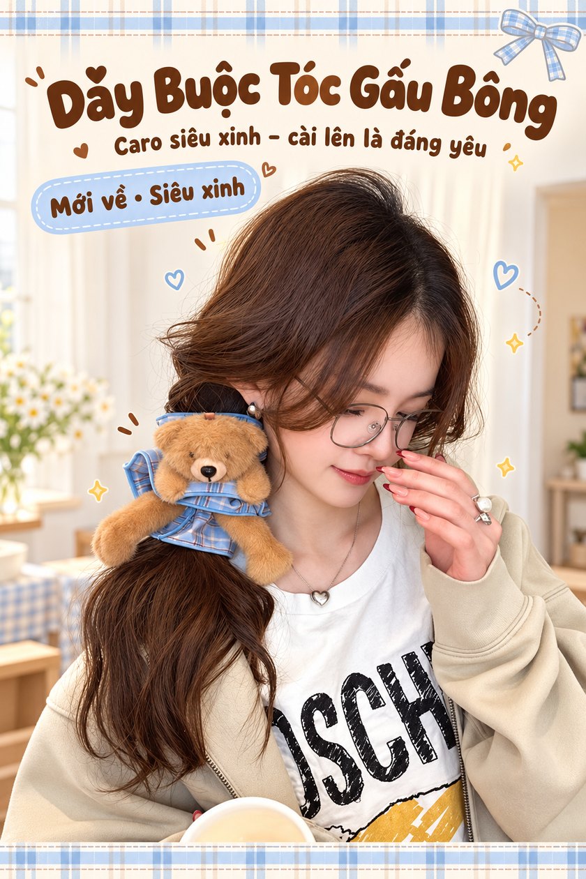 Dây Buộc Tóc Gấu Bông Caro Siêu Xinh