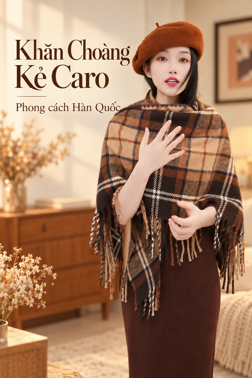 Khăn Choàng Kẻ Caro Phong Cách Hàn Quốc