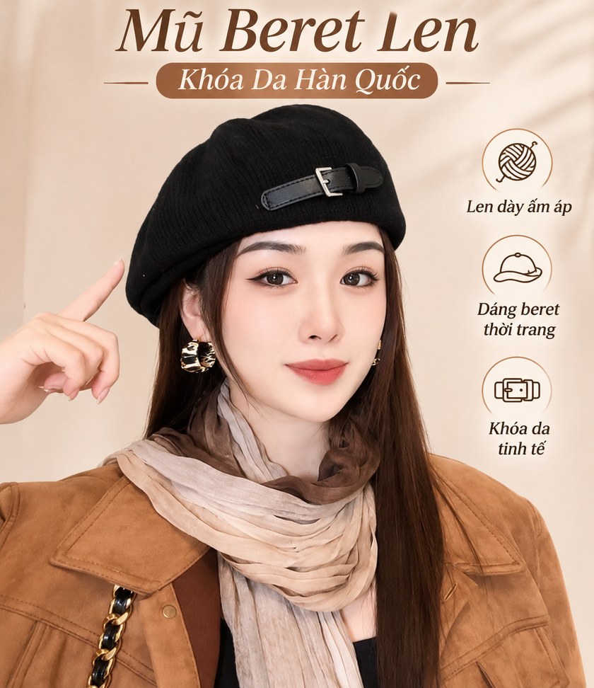 Mũ Beret Len Khóa Da Hàn Quốc