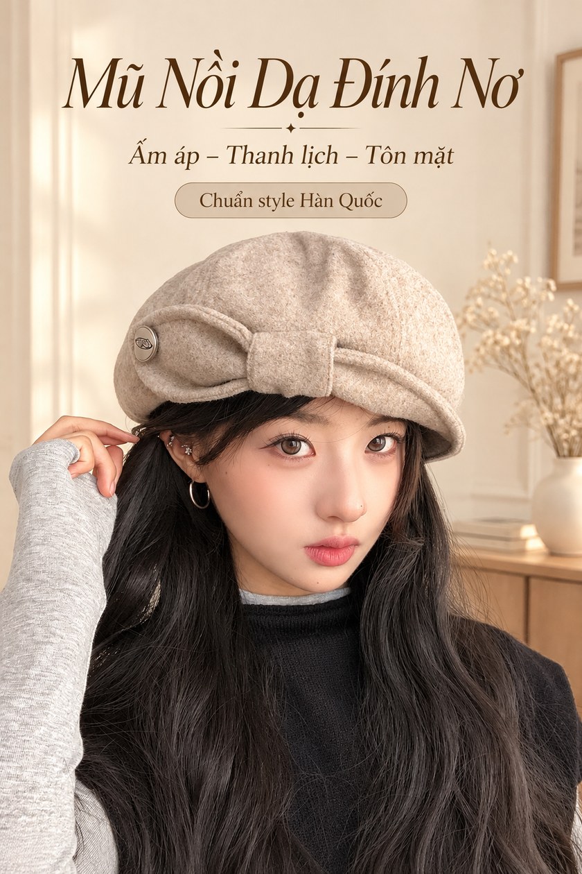 Mũ Nồi Dạ Đính Nơ