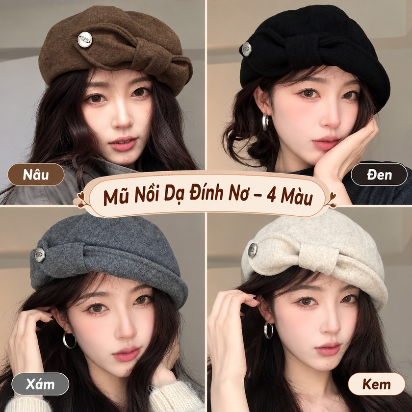 Mũ Nồi Dạ Đính Nơ