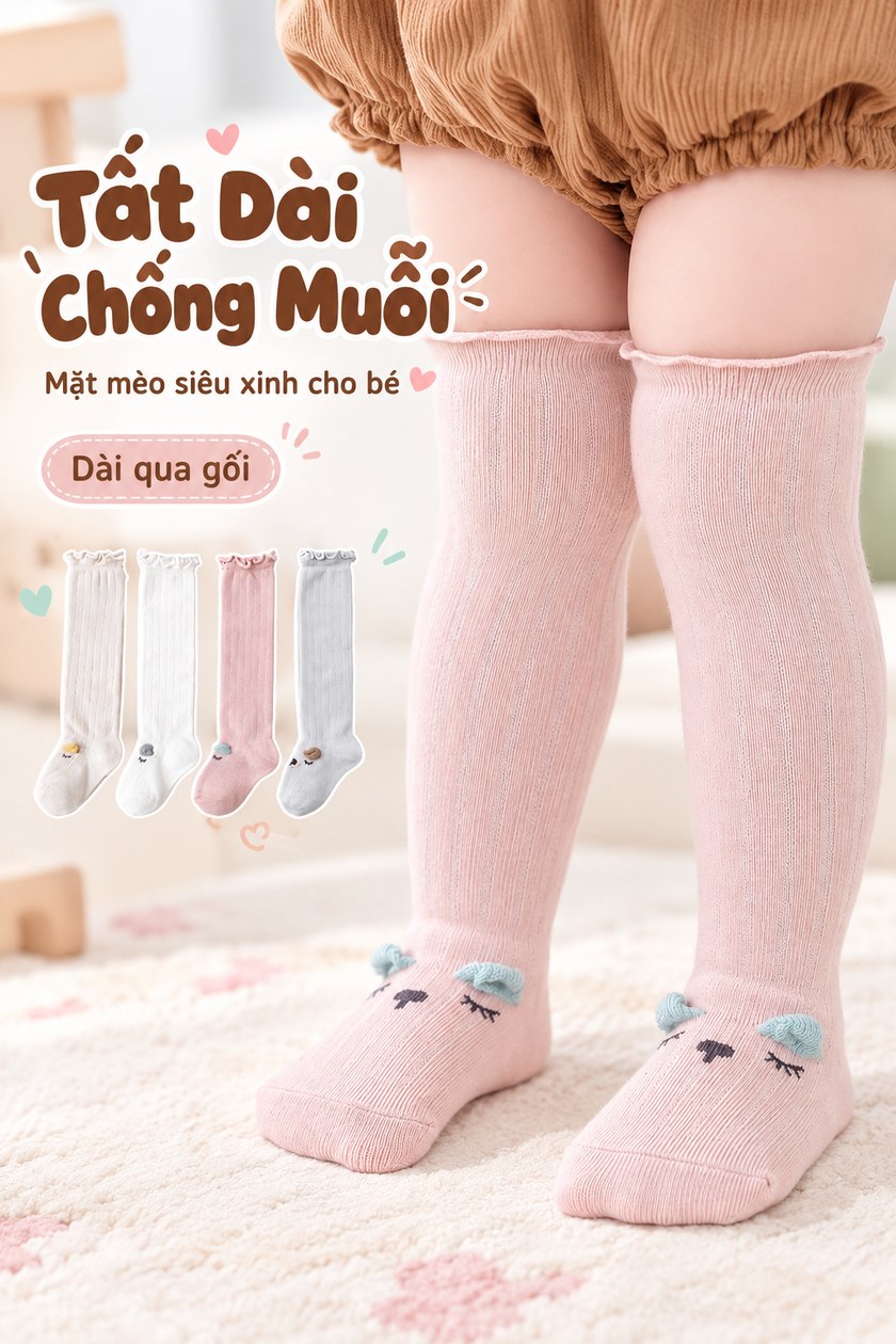 Tất Dài Chống Muỗi Mặt Mèo Cho Bé
