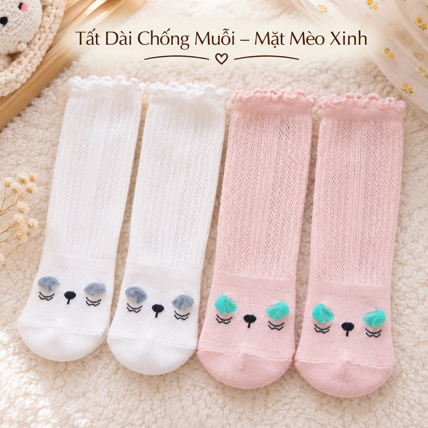 Tất Dài Chống Muỗi Mặt Mèo Cho Bé
