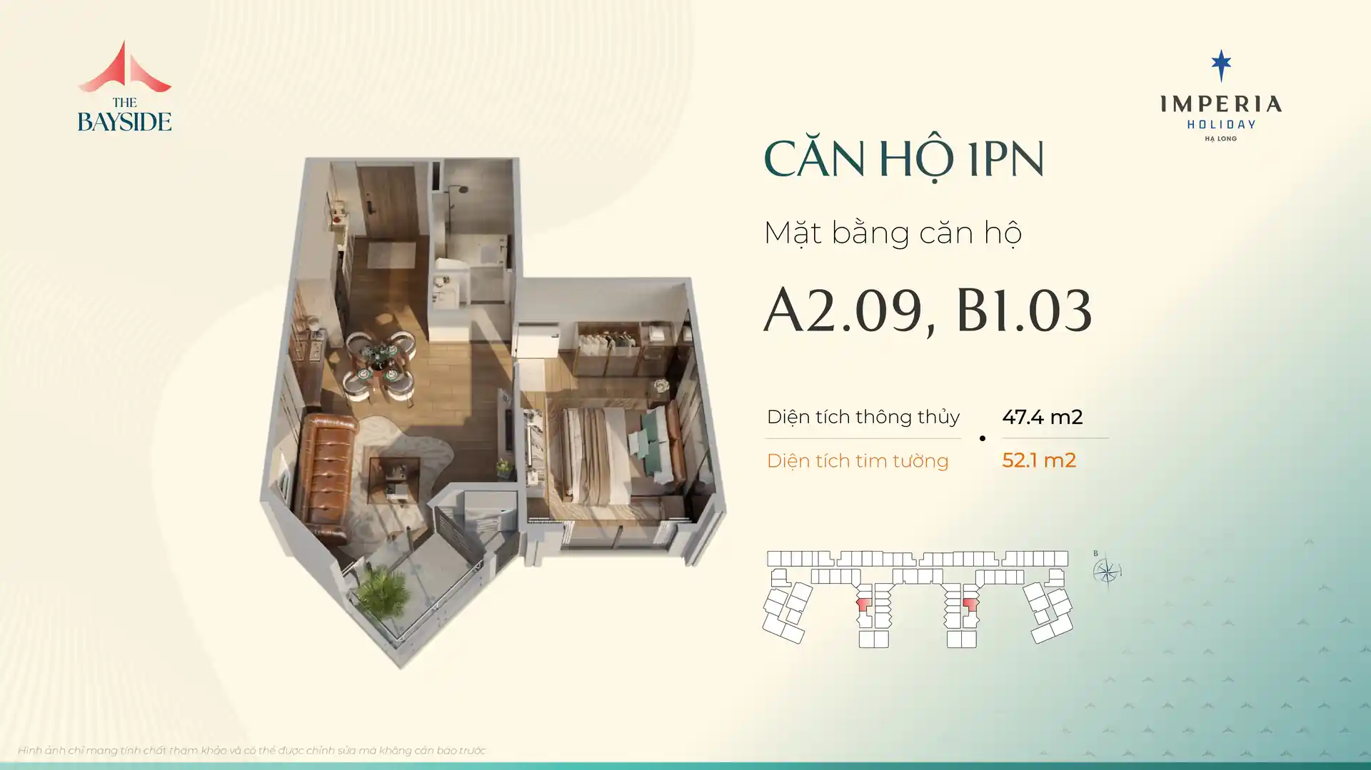 Mặt bằng căn hộ 1PN mẫu A209 Imperia Holiday Hạ Long