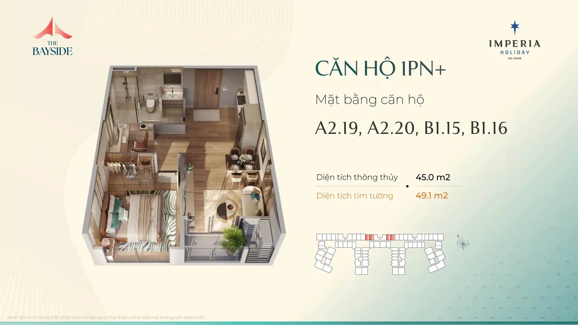 Mặt bằng căn hộ 1PN+ mẫu A219 Imperia Holiday Hạ Long