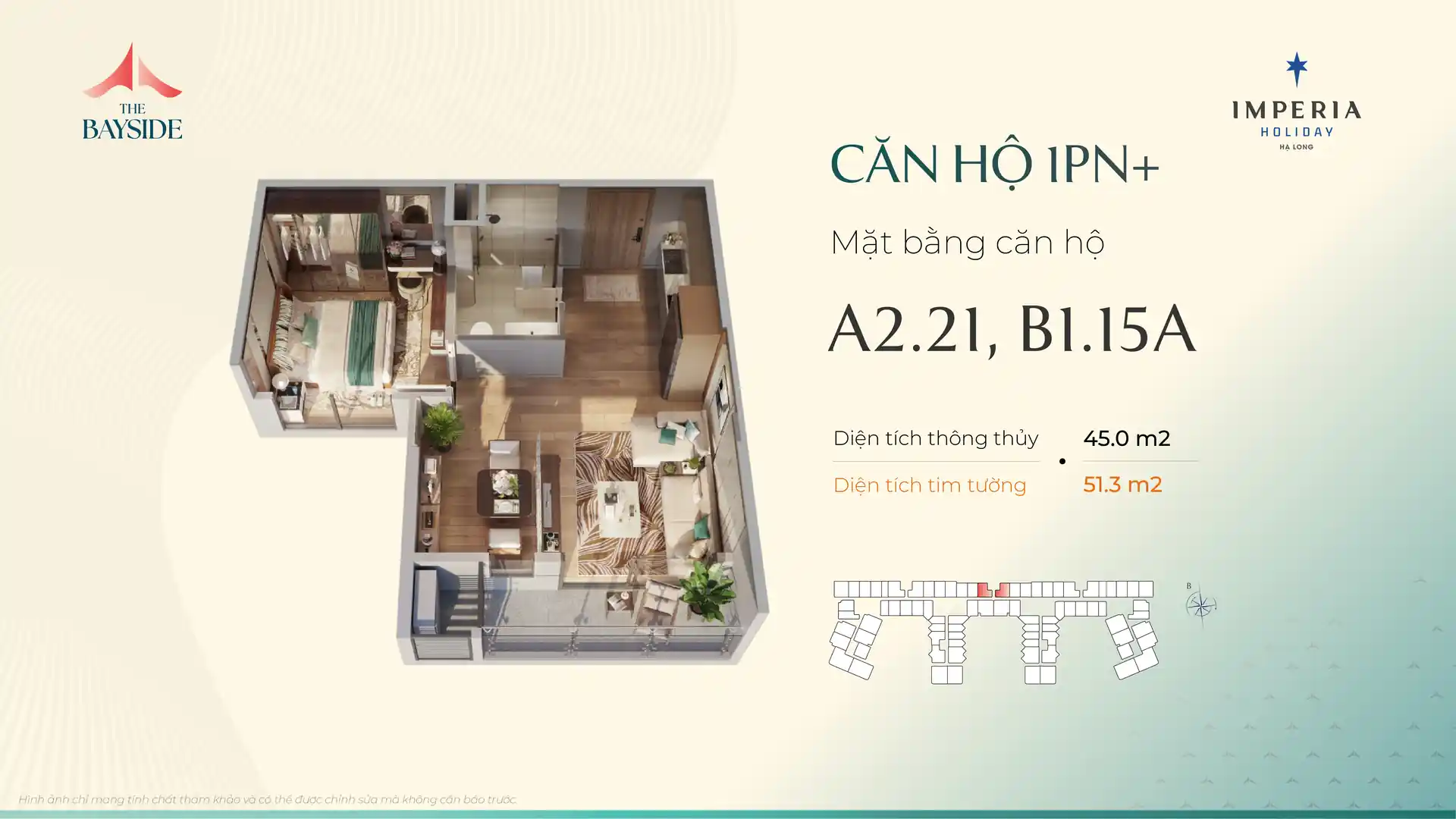 Mặt bằng căn hộ 1PN+ mẫu A221 Imperia Holiday Hạ Long